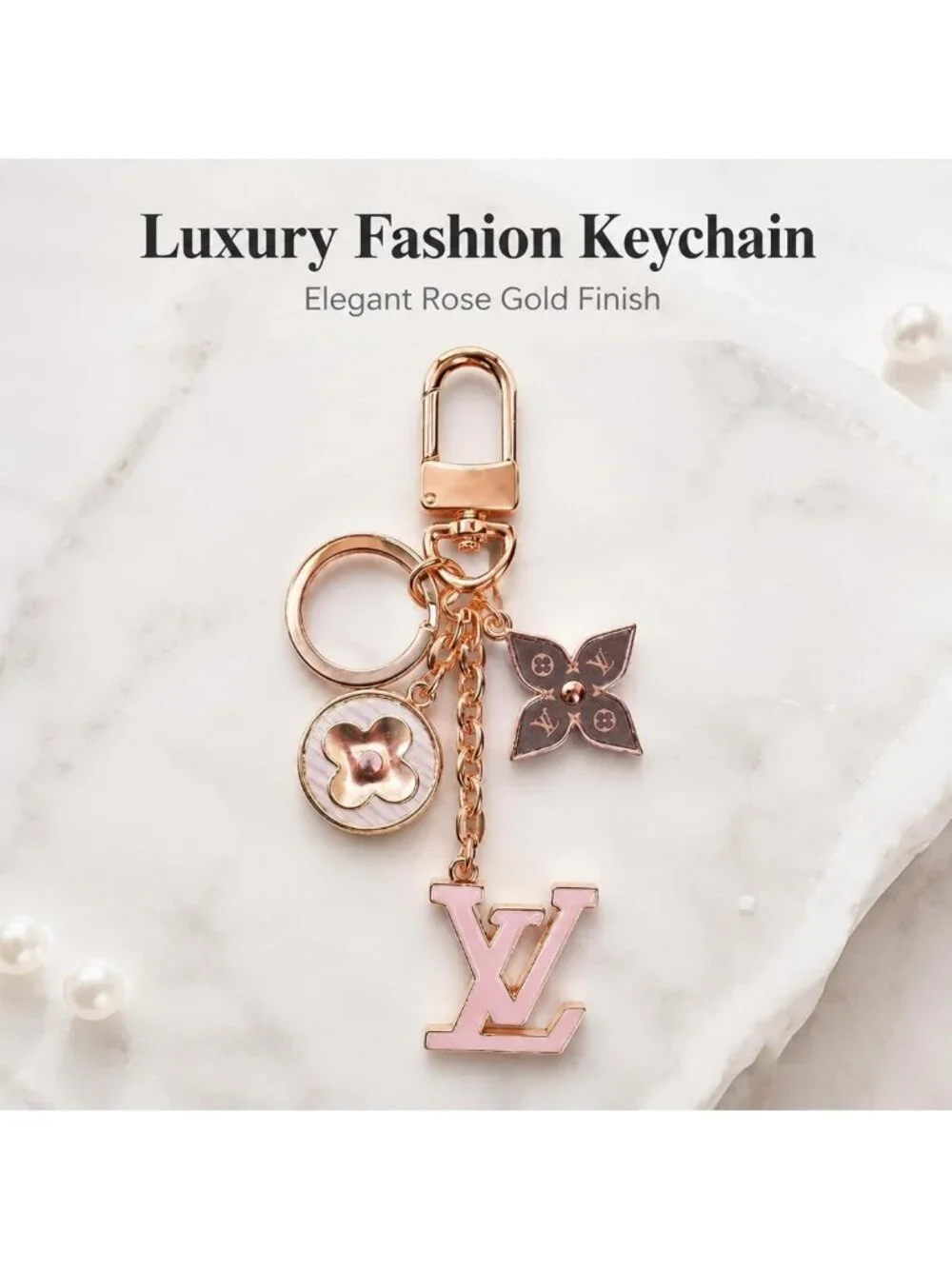Chic Luxury Bag Accessories & Keychains - Gold Metal, Pink Enamel, Floral Design